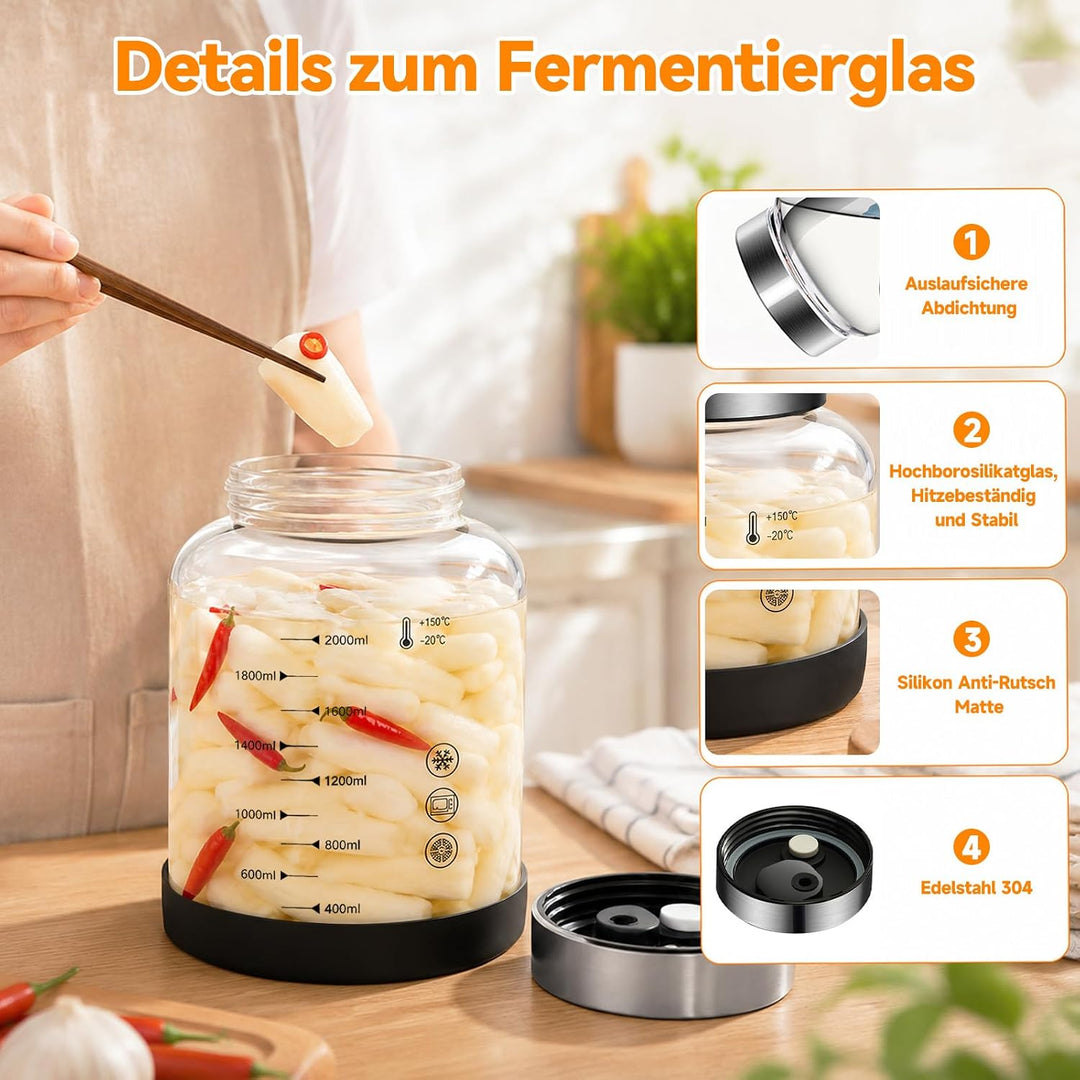 2L Fermentierglas mit Deckel, Kefir Glas Fermentiergläser mit Gärventil, BPA-freies, mit Präzisionsw