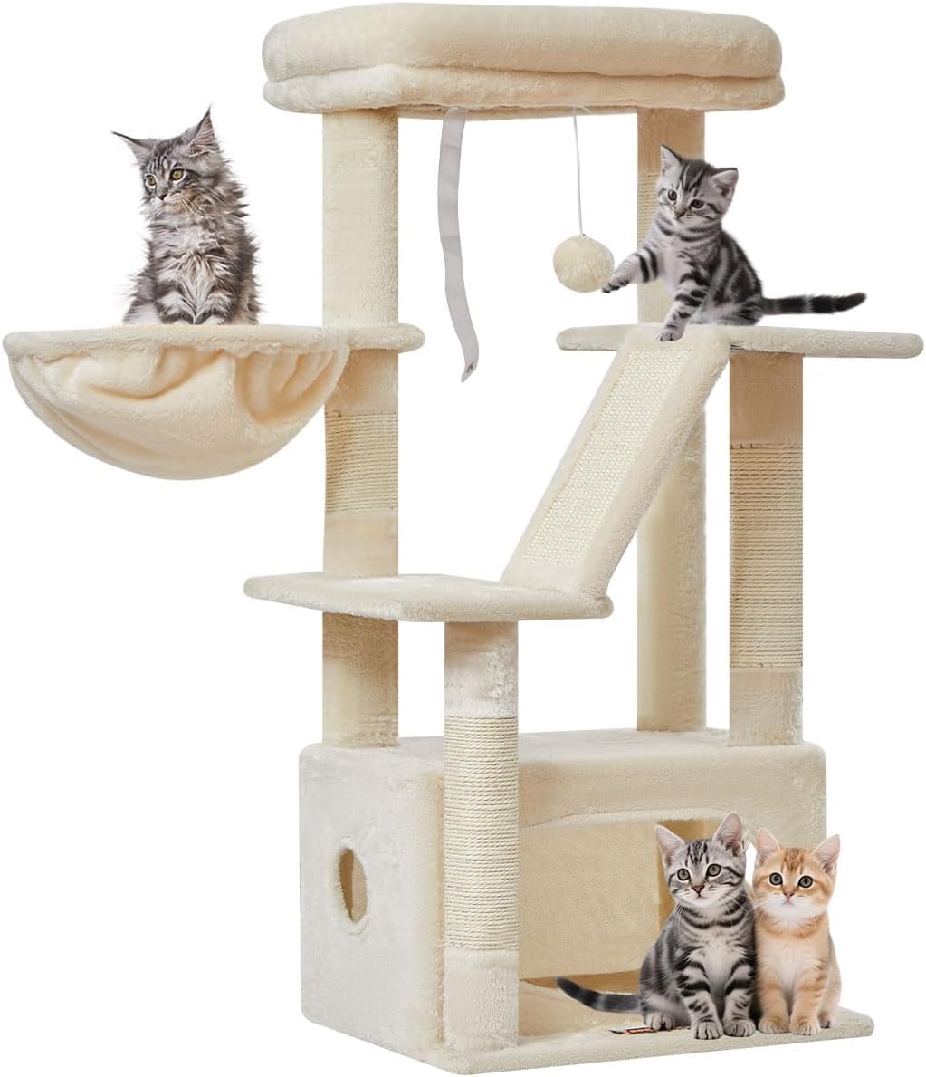 Taoqimiao Kratzbaum Klein, 98cm katzenbaum Stabil KatzenKratzbaum Cat Tree mit Katzenhaus, Korb, 4 K