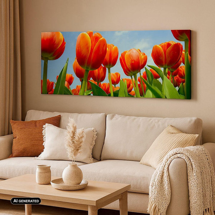 Wandbilder Dekoration Wohnzimmer Tulpe Blume blauer Himmel Panorama Bilder auf Leinwand 120x50cm Lei