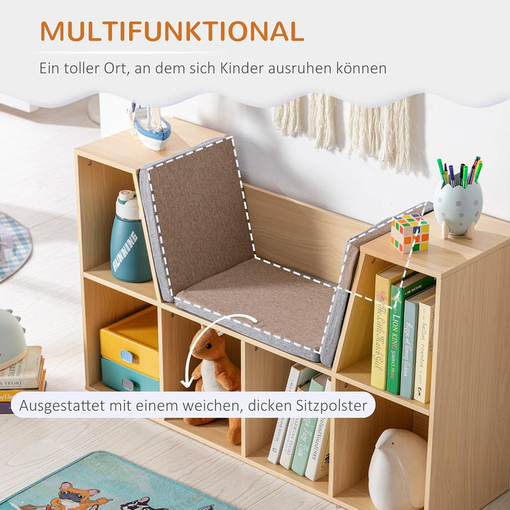 HOMCOM Bücherregal Kinder Kinderregal mit Sitzhocker 6 Fächern 3 Kissen Spielzeugregal Kinderbücherr