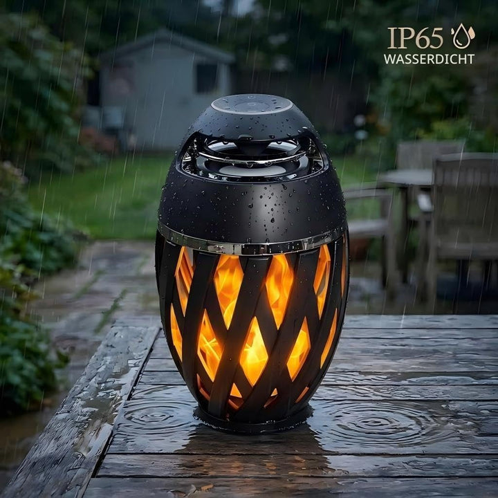 Outdoor Bluetooth Lautsprecher mit Flammenlicht, Kabelloser LED Tischlampe, IP65 Wasserdicht, Stereo