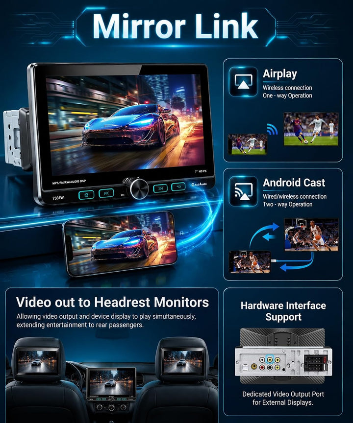 VECHTEL 7" Autoradio 1 Din mit Verstellbarer Touchscreen Wireless Carplay Android Auto,FM/AM/RDS Rad