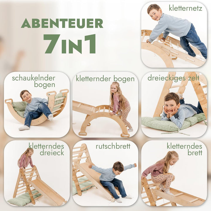 Goodevas Montessori Kletterdreieck Set | Klettergerüst Indoor Holz mit Dreiecksleiter, Bogen, Rampe,