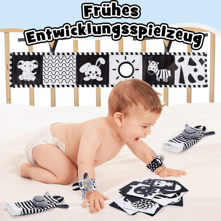 Kontrastbuch Baby Schwarz Weiss Spielzeug, Kontrastkarten Baby Spielzeug 0-12 Monate Rasselsocken Ba
