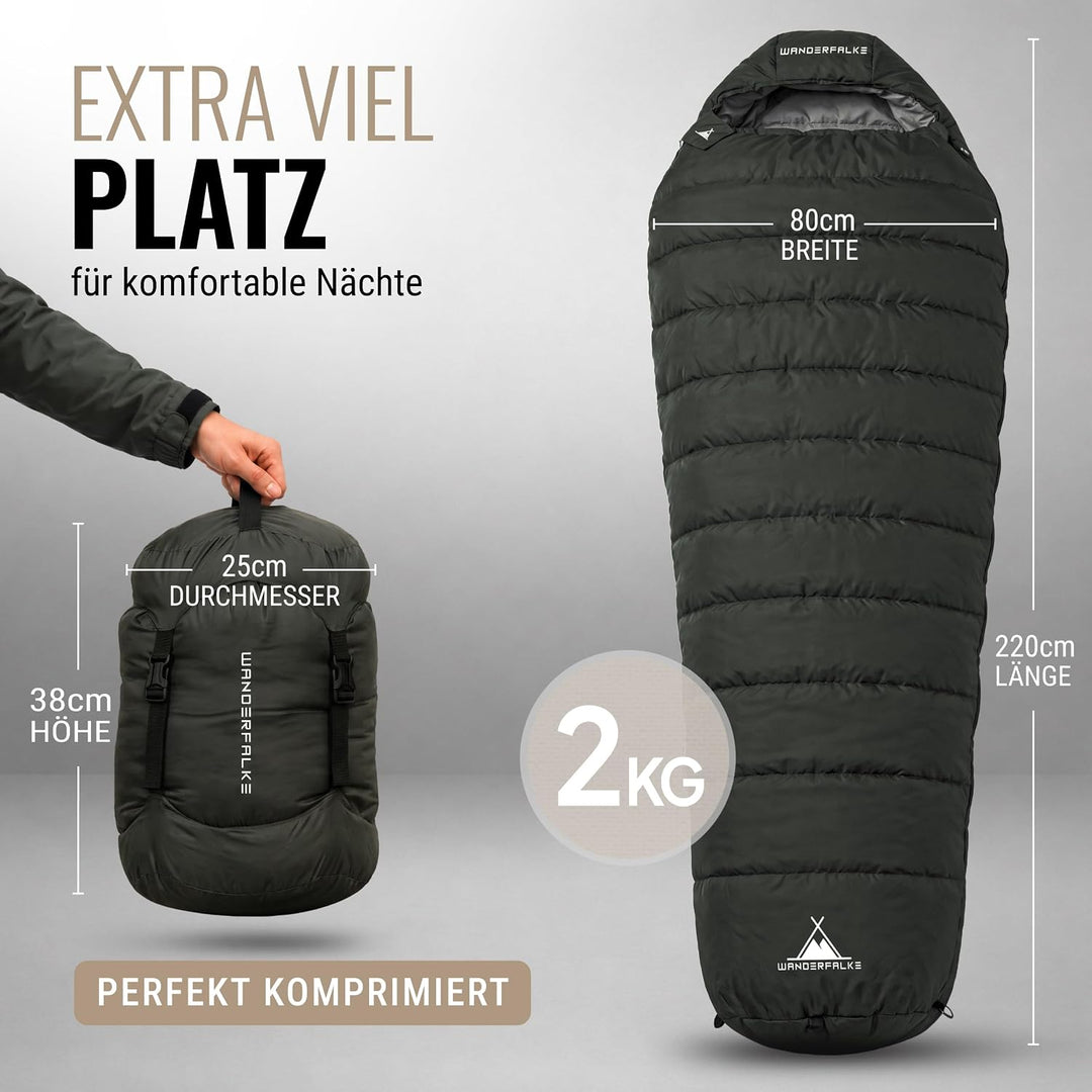WANDERFALKE® Premium Schlafsack Erwachsene (Alpinist/Wanderer), 3-4 Jahreszeiten (480GSM) &amp; Sommersc