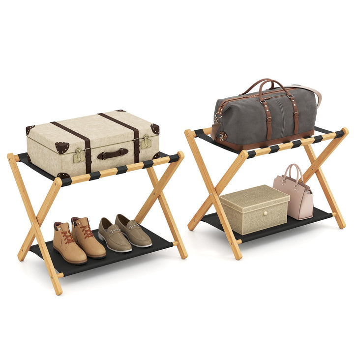 GYMAX Bambus Kofferständer 2er-Set, klappbare Gepäckablage mit Ablage &amp; 5 Nylonschnallen, Gepäckträg