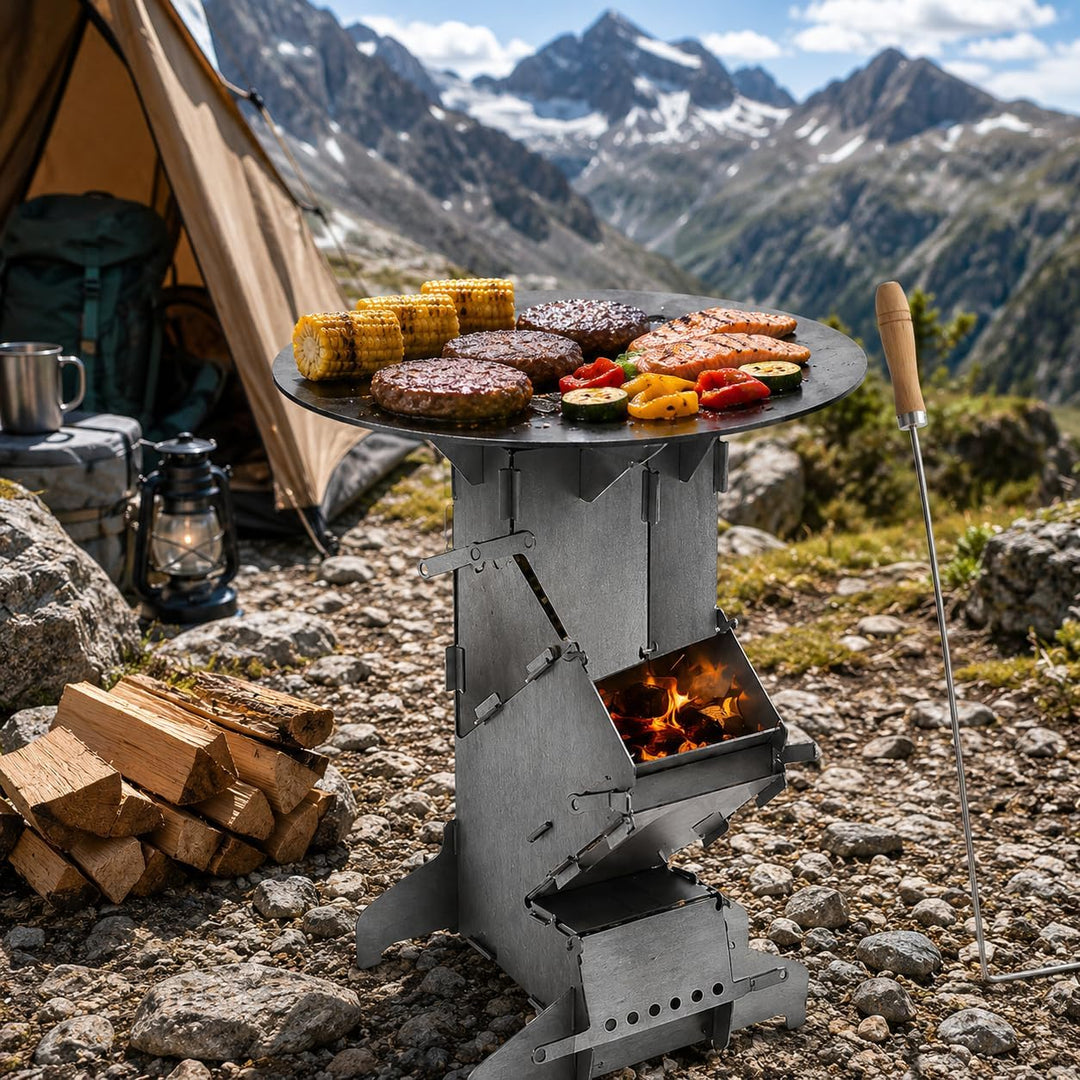 Peviasot Raketenofen mit Grillplatte und Feuerhaken Rocket Stove Outdoor 2 zusätzlichen Standfüssen