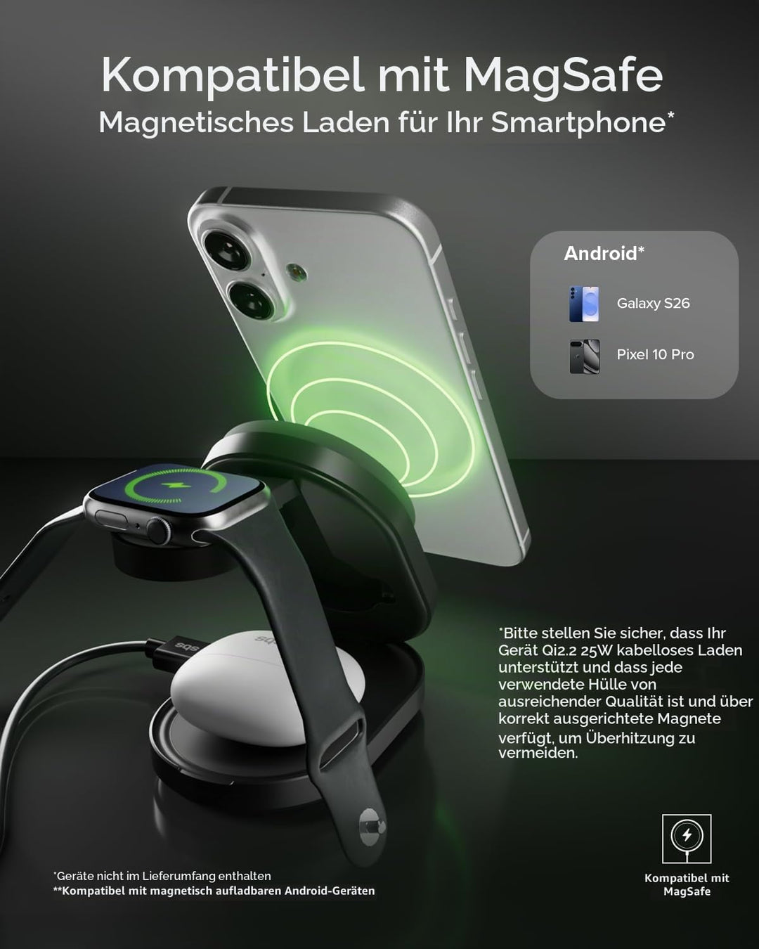 SBS Qi2 25W Power Dock 3in1 MFI MagSafe, Wireless-Ladegerät für iPhone, AirPods, Apple Watch, Schnel