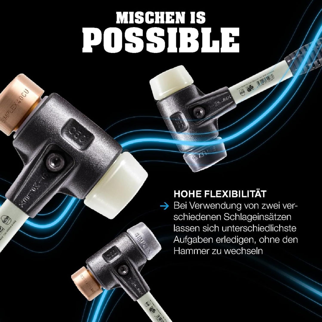 SIMPLEX-Schonhammer, Gummikomposition/Weichmetall; mit verstärktem Tempergussgehäuse und Fiberglasst