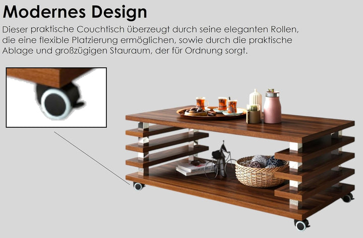 Design Couchtisch DC-3 Tisch Wohnzimmertisch mit Rollen 120x60x40 / 45, Farbe:Nussbaum - Schwarz Hoc