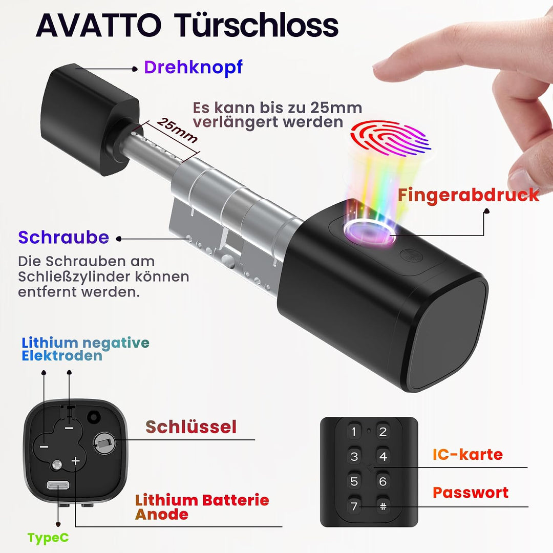 AVATTO Smart Türschloss mit Fingerabdruck &amp; Passwort für 90-120mm Türen, Elektronischer Schliesszyli