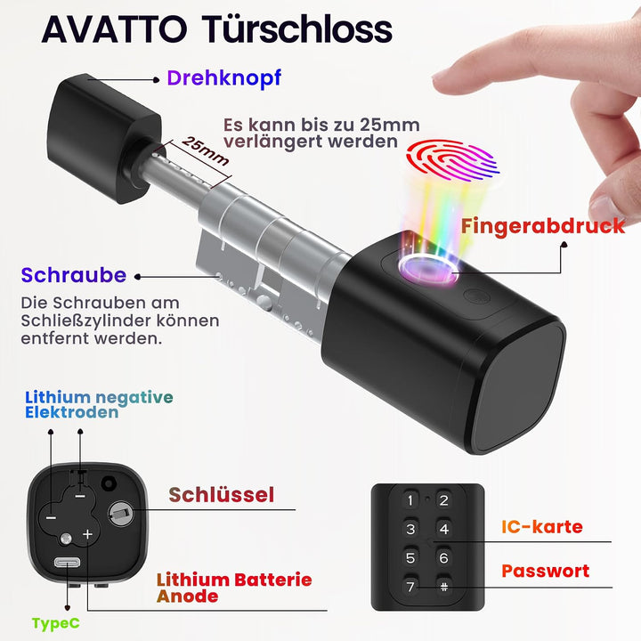 AVATTO Smart Türschloss mit Fingerabdruck &amp; Passwort für 90-120mm Türen, Elektronischer Schliesszyli