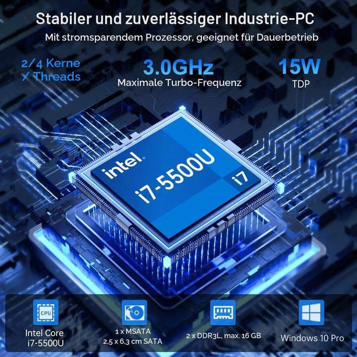 Lüfterloser Industrie Mini PC mit Core i7-5500U, Mini Computer 16GB RAM, 256GB SSD, 1xHDMI, 1xVGA, 2