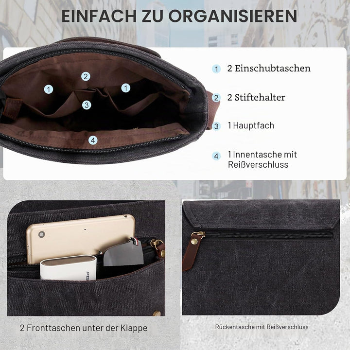 Umhängetasche Klein für Herren Canvas Messenger Bag Dunkelgrau, Dunkelgrau
