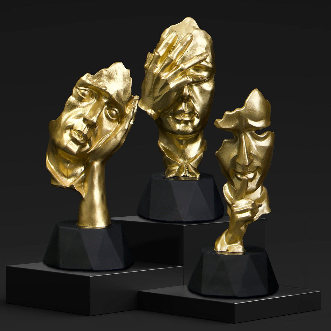 Denker Statue 3er Set – abstrakte Kunst Skulpturen in Gold Schwarz, Gold