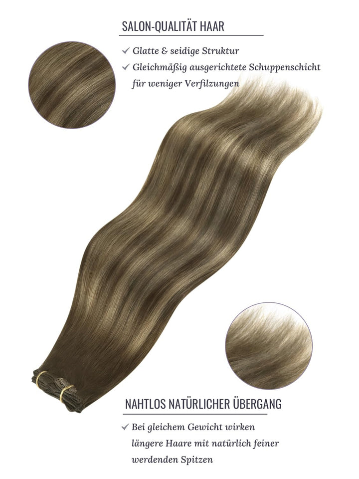 Fshine Echthaar Extensions Clip, 40cm 16 Zoll 120g 7 Stück BalayageSchokolade Braun Mxied Karamell B