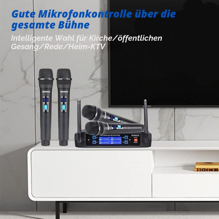 BOMGE Kabelloses Mikrofonsystem, Pro 4-Kanal schnurloses Mikrofon-Set mit vier Handmikrofonen, feste