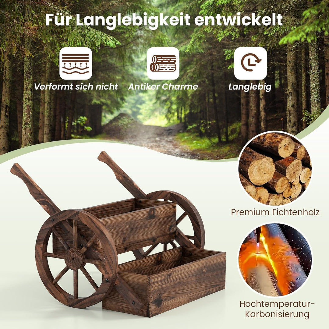COSTWAY Blumenwagen Holz, Blumenständer mit 2 Rädern &amp; Griffen &amp; Drainagelöchern, Pflanzwagen, 2-stu