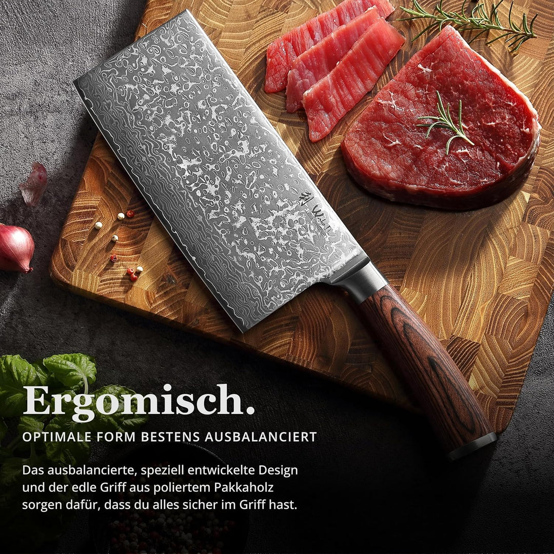 Wakoli EDIB Sakura Hackmesser 19 cm | Damast Hackbeil &amp; Kochmesser aus 67 Lagen mit VG10 Kern, robus
