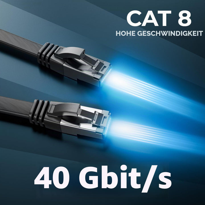 deleyCON 1m CAT 8 Flach Netzwerkkabel RJ45 40 Gbit/s, 10 Stück - Schwarz Schwarz 10x 1 M, Schwarz 10