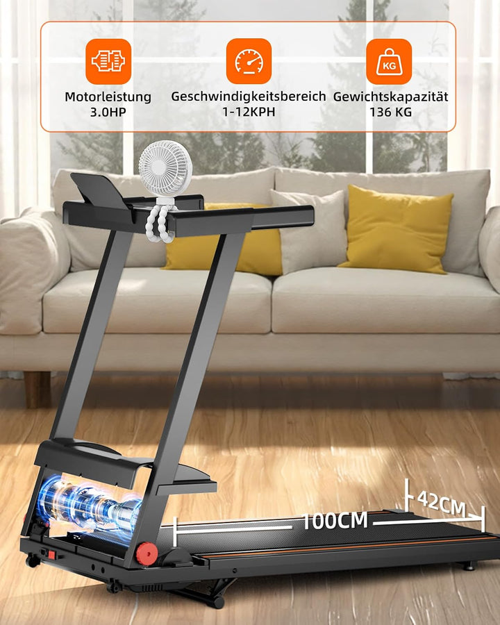 Superun Laufband Klappbar mit APP, Max 12km/h Walking Pad mit Steigung 6% 100cm SchwarzOrange, 100cm