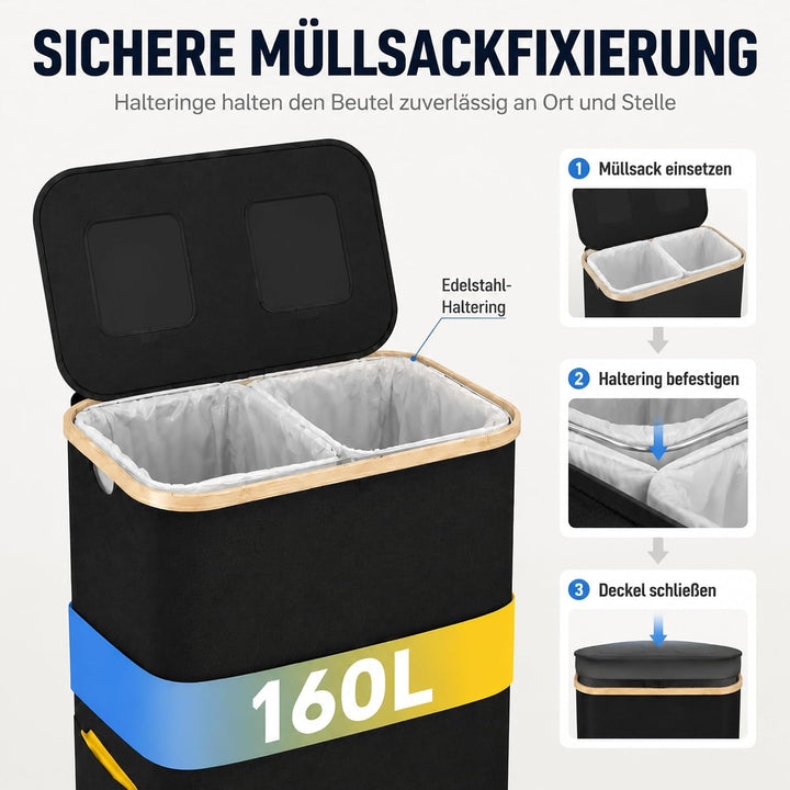 160L Mülltrennsystem mit 2 Fächern, Gelber Sack Ständer aus 900D Oxford-Stoff, Müllsackständer mit D