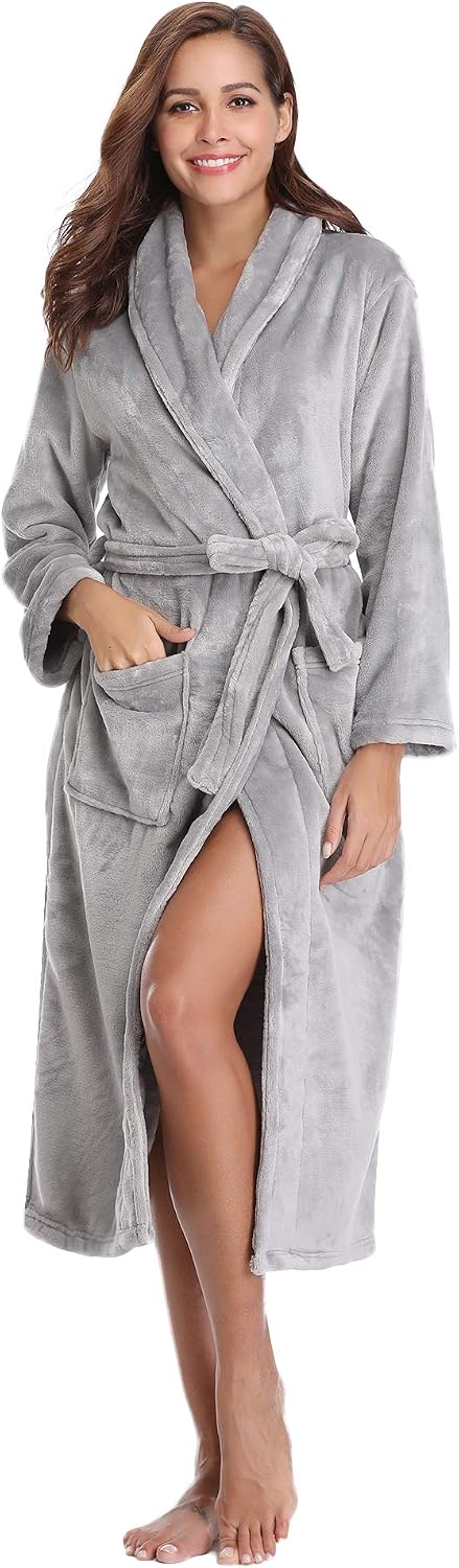 Vlazom Winter Bademantel weicher Flanell Bademantel Damen Saunamantel mit Kapuze flauschiger Morgenm