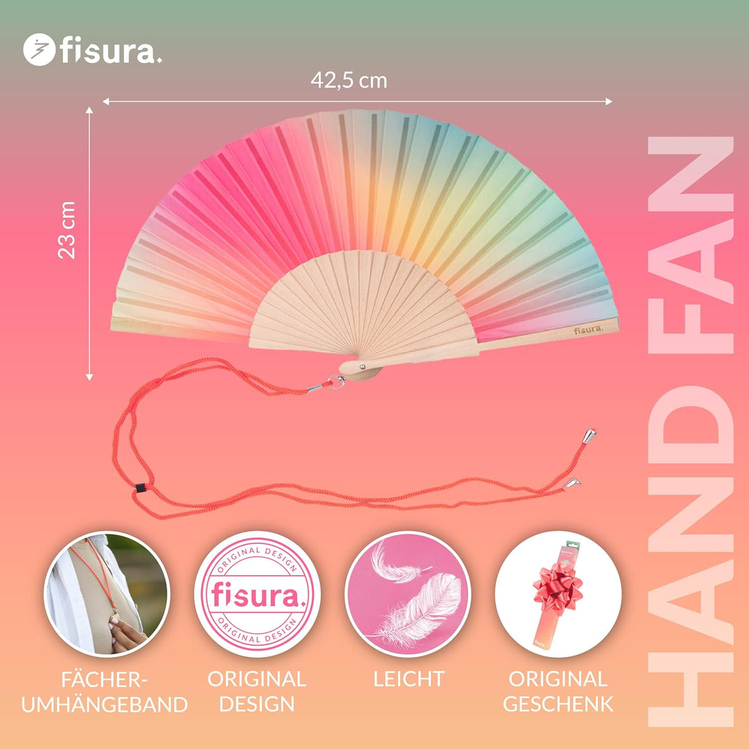 Fisura – Holzfächer mit rosa-grünem Farbverlauf. Moderner, farbenfroher Handventilator mit praktisch
