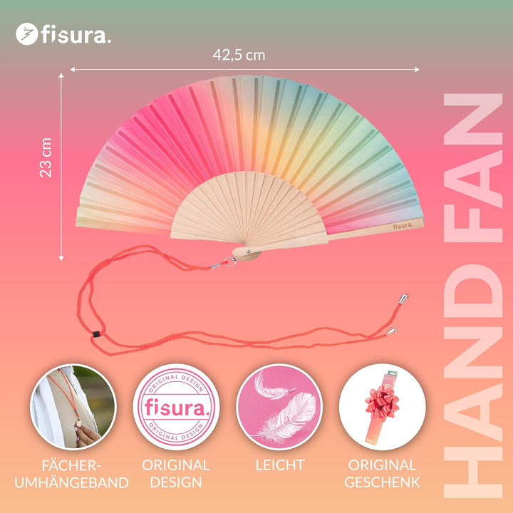 Fisura – Holzfächer mit rosa-grünem Farbverlauf. Moderner, farbenfroher Handventilator mit praktisch