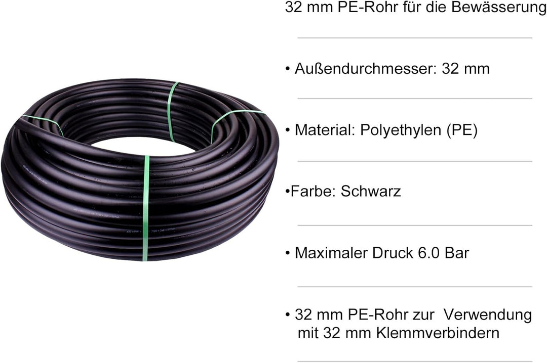Rohr PN6 Verlegerohr Wasserleitung Versorgungsleitung Bewässerung 16mm 20mm 25mm 32mm (32 mm x 25 m)