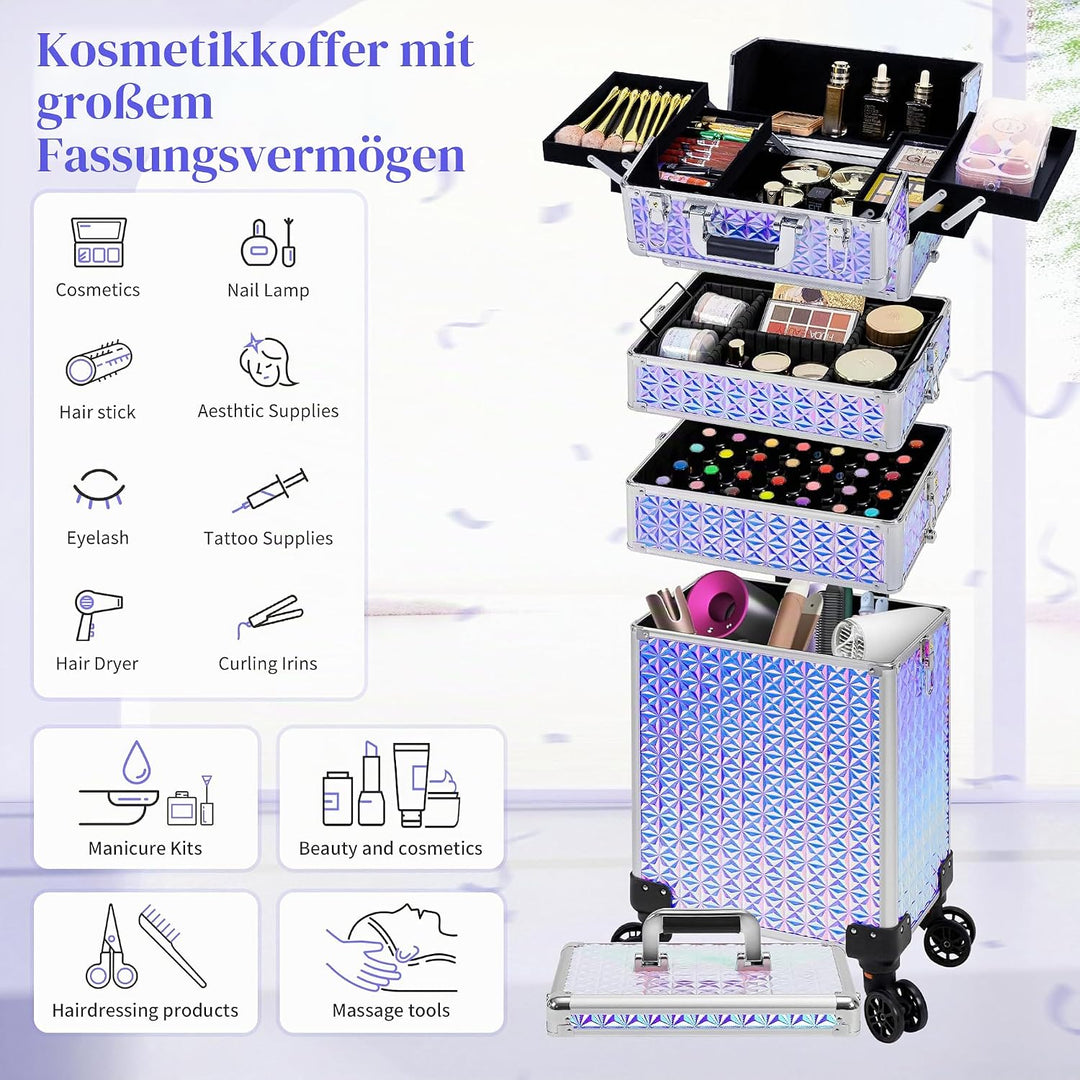 Arous 5-in-1 Profi-Kosmetikkoffer, Aluminium, mit 360° drehbaren Rädern Silber, Silber