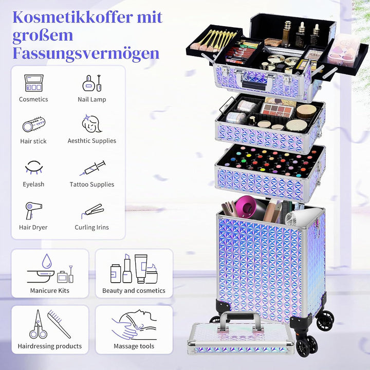 Arous 5-in-1 Profi-Kosmetikkoffer, Aluminium, mit 360° drehbaren Rädern Silber, Silber