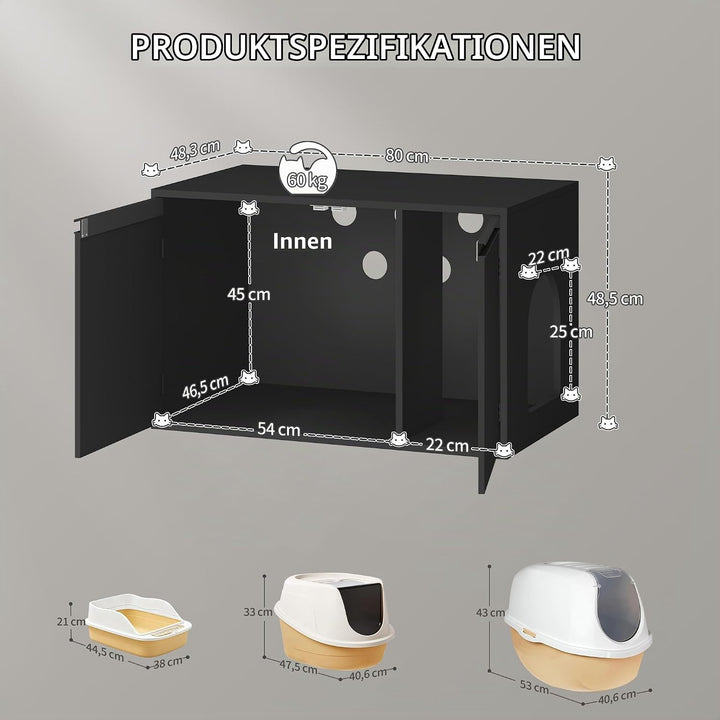 Hzuaneri Katzenschrank 80cm Katzenklo Schrank Ausbaubare Trennwand Schwarz | Katzenhaus Verstellbare