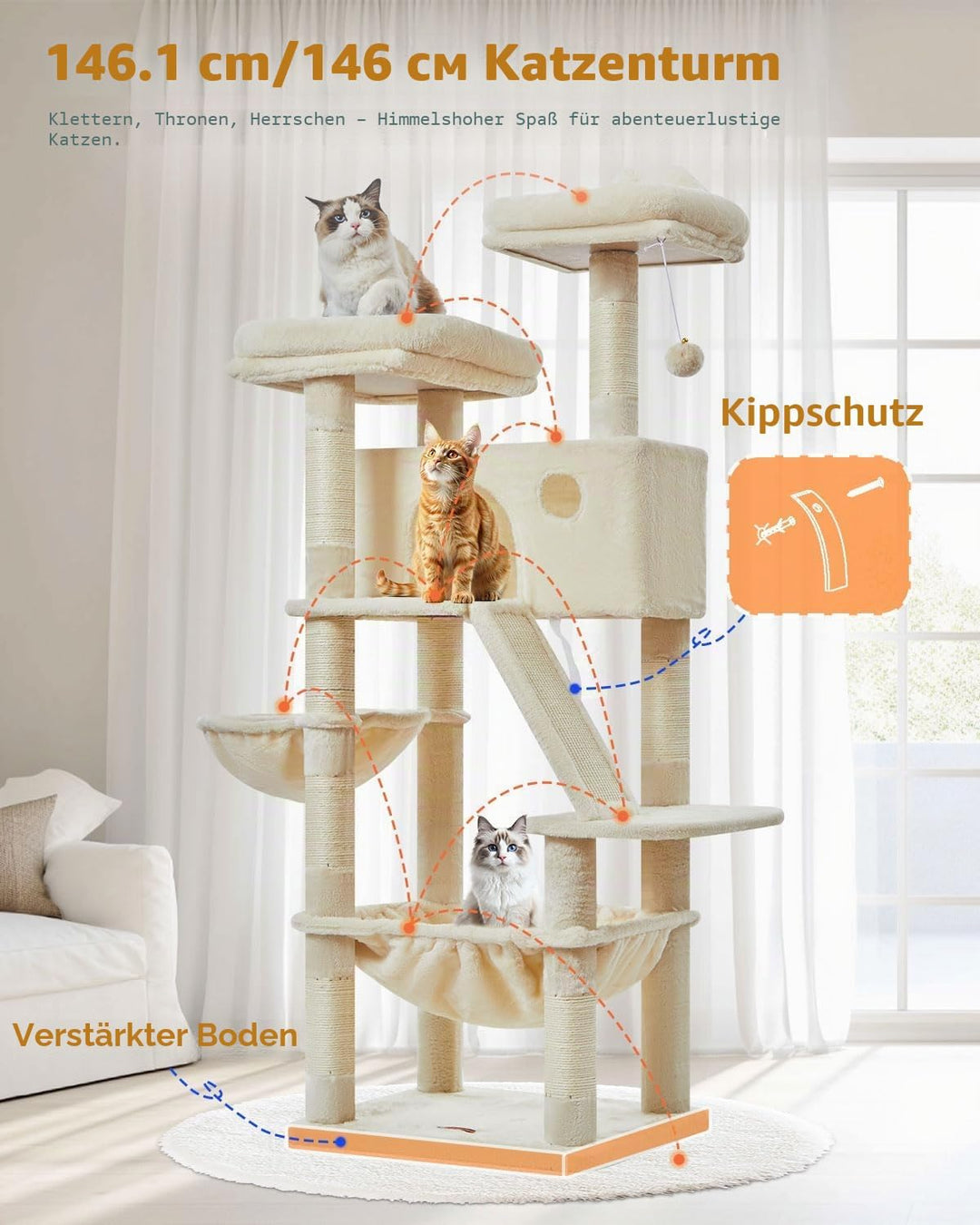 Taoqimiao 146CM Kratzbaum Gross, Katzenbaum Katzen Kratzbaum Grosse Katzen Stabil mit 2 Katzenhaus,