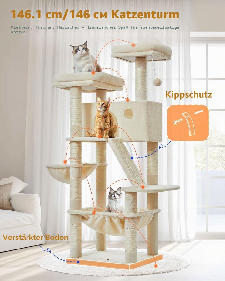 Taoqimiao 146CM Kratzbaum Gross, Katzenbaum Katzen Kratzbaum Grosse Katzen Stabil mit 2 Katzenhaus,