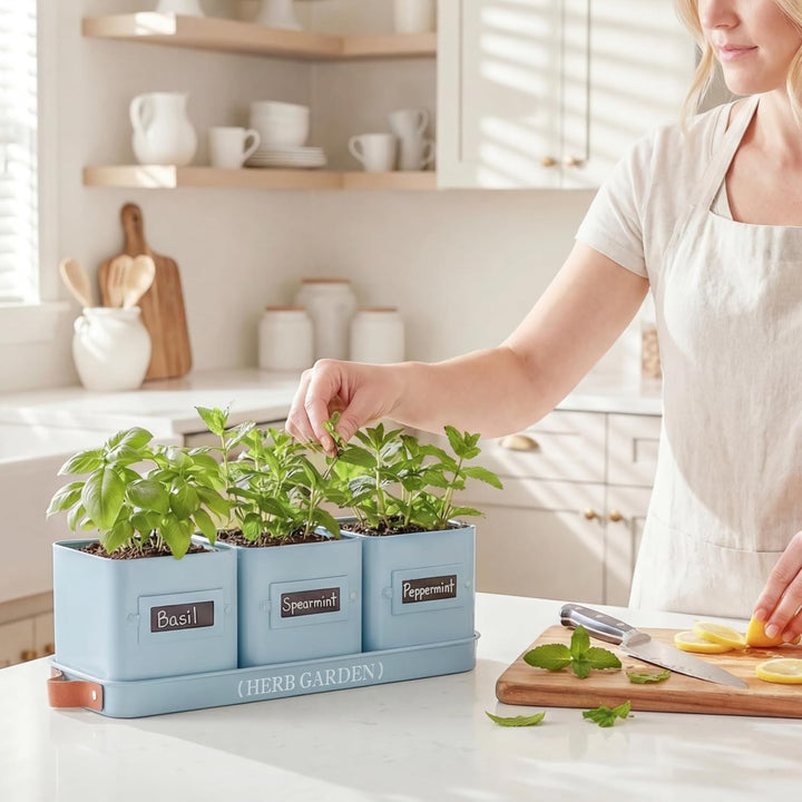PERFNIQUE Kräutergarten für den Innenbereich, Kräutergarten-Pflanzgefäss-Set mit Tablett, Bauernhaus