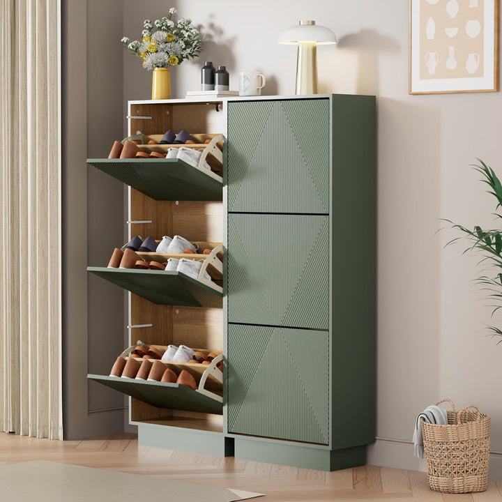 UEV Schuhschrank mit 3 Klappen, Schuhkipper Schuhkommode Schuhregal schmal für Flur mit Kippschutz/D