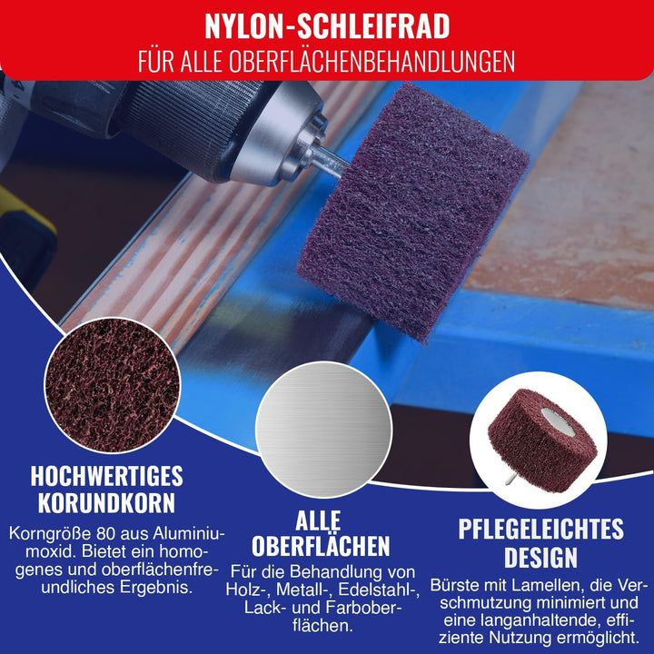 TIVOLY - Schaumstoff-Schleifbürste für Bohrmaschine - Extrudiertes Nylon + Korundkörnungen - Körnung