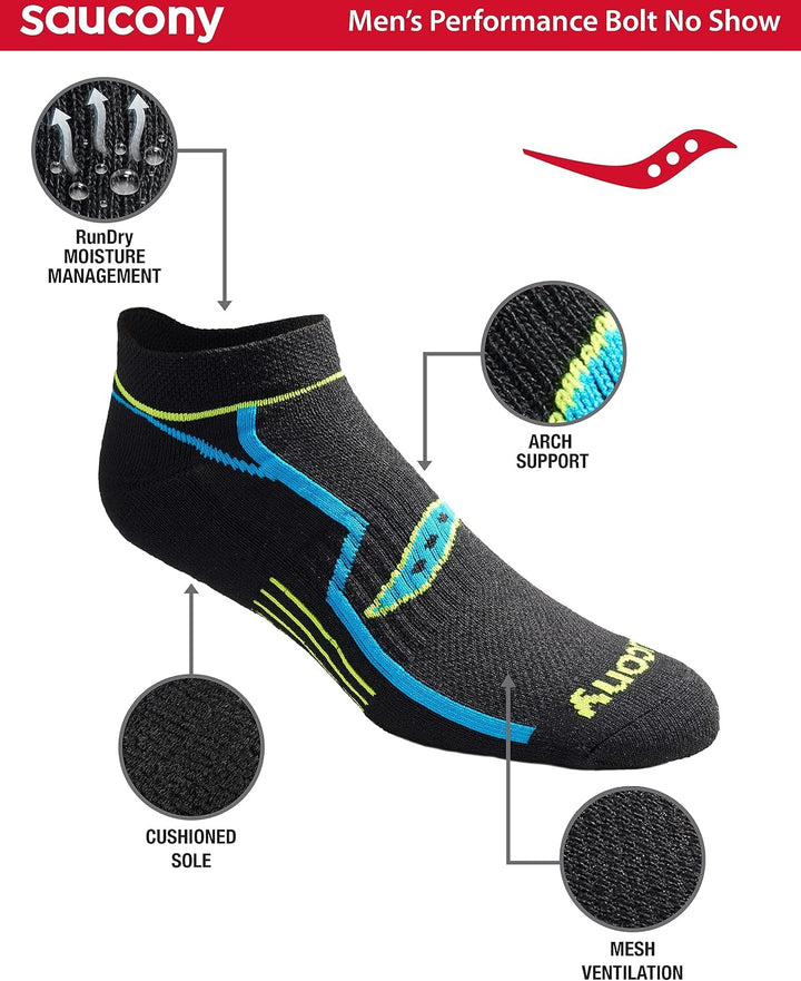 Saucony Herren Bolt Rundry Performance No-Show Multi-Pack Socks Laufsocken (18er, Schwarz (12 Paar)