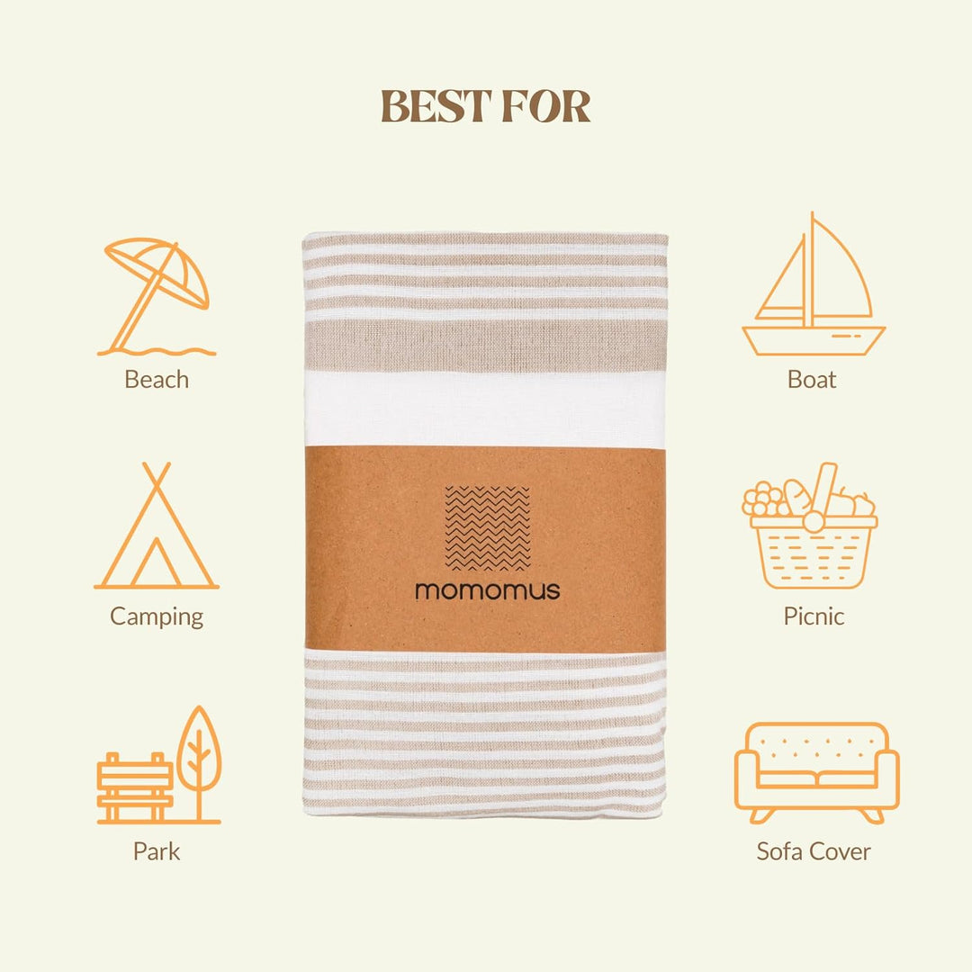 MOMOMUS Stranddecke Sandfrei XXL im Fouta-Stil – mit Boho-Abschluss, Leicht und Kompakt – Grosse Str