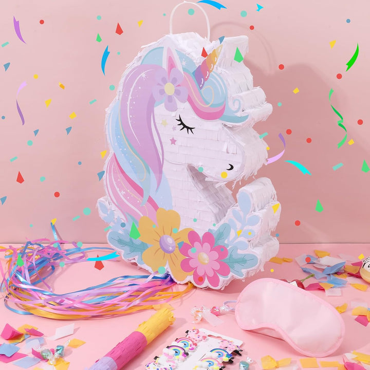 Einhorn Piñata Set mit 10 Haarspangen, Komplettes Piñata Partyspiel, Einhorn Partytüten Füller, Gast