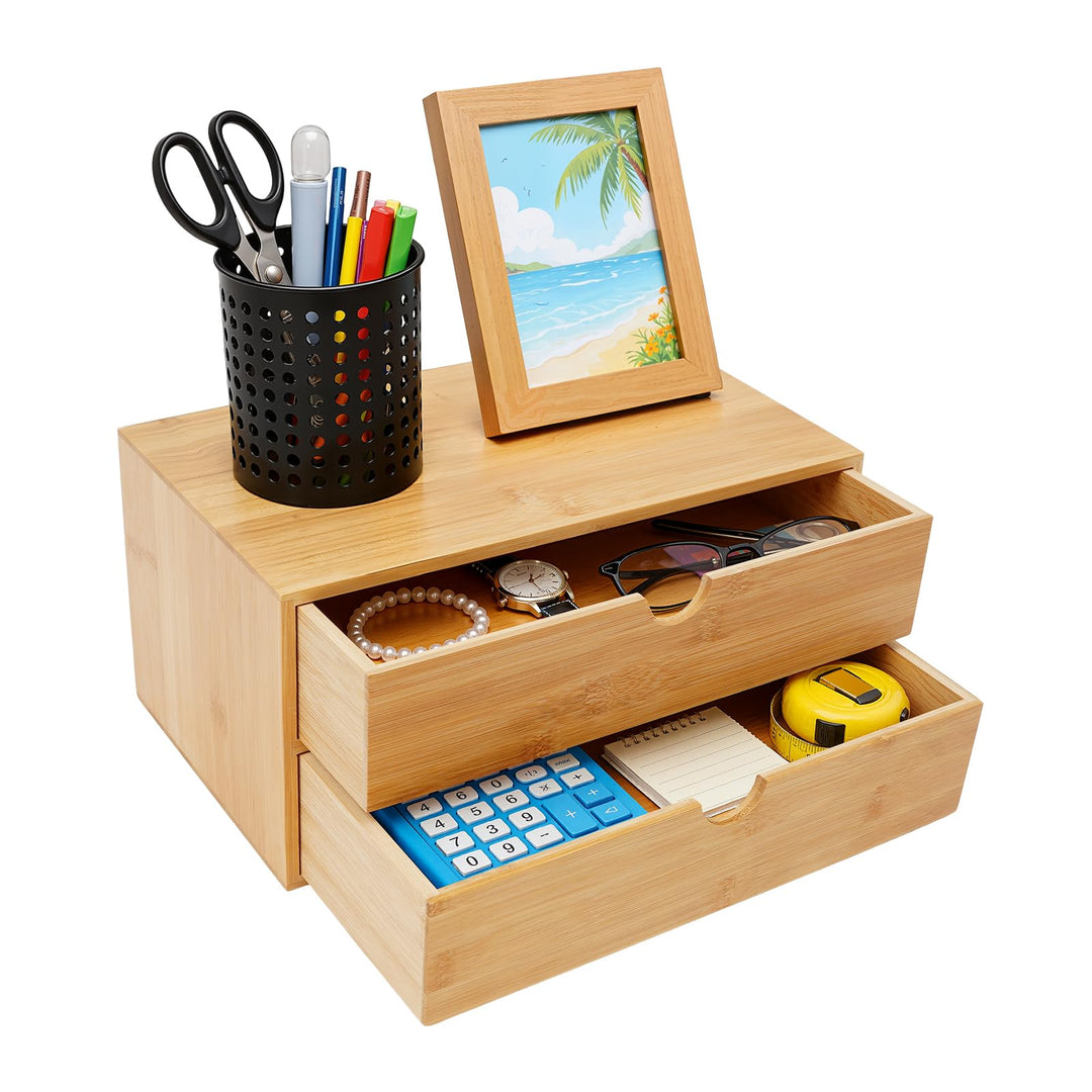 Schreibtisch Organizer aus Bambus mit 3 Schubladen, multifunktionaler Schreibtisch-Organizer Klein B