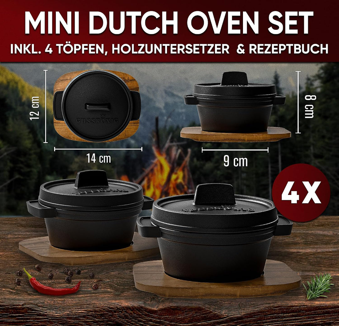 Dutch Oven Set Mini - 4x 300ml Gusseisen Mini Topf mit Deckel - bereits eingebrannter Mini Dutch Ove