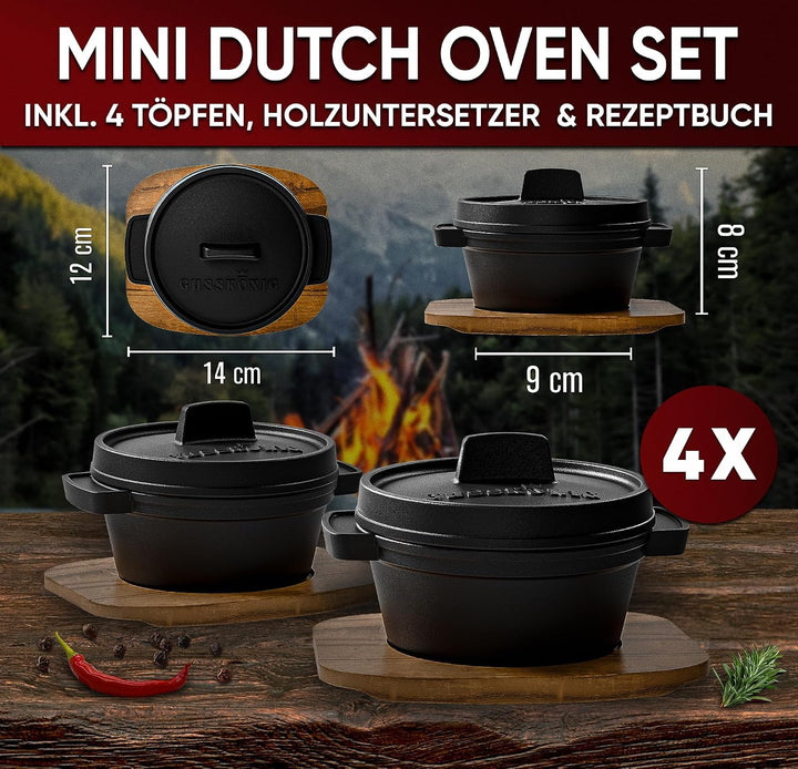 Dutch Oven Set Mini - 4x 300ml Gusseisen Mini Topf mit Deckel - bereits eingebrannter Mini Dutch Ove