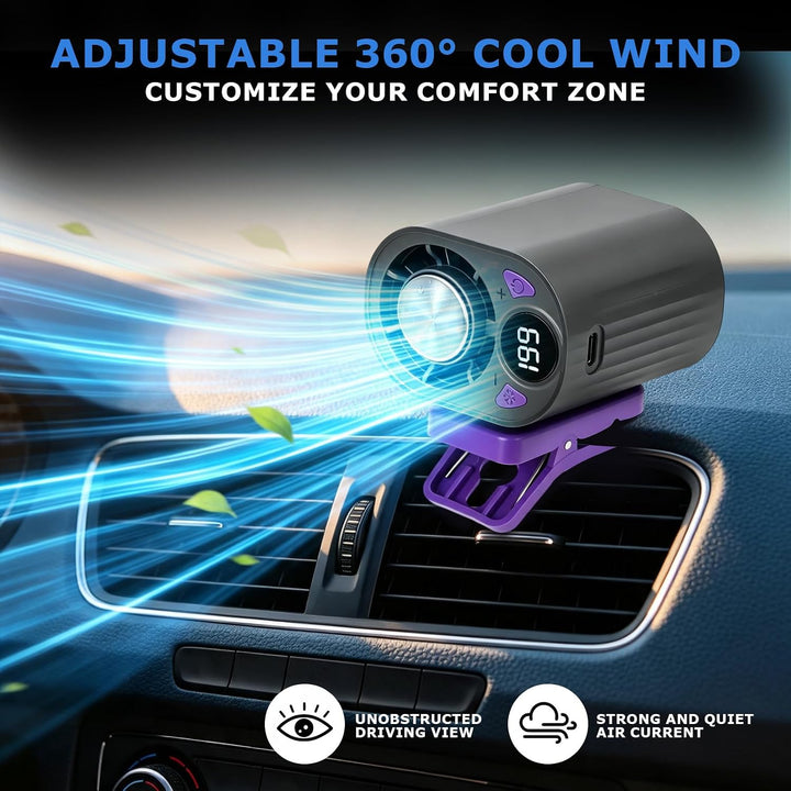 Jognee Clip-on Halbkühl Ventilator für Auto, 360° drehbar mit LED-Display