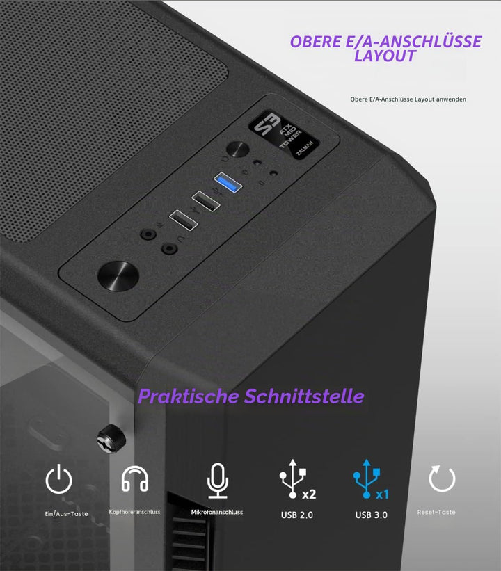 ATX Zalman S3 TG Mid Tower Gehäuse mit Glaspanel (schwarz)