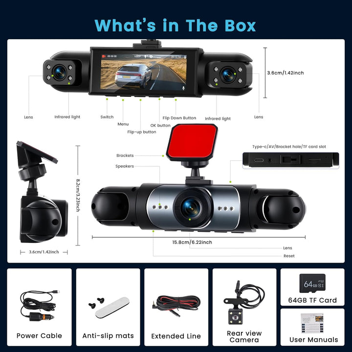 4 Kanal Dashcam Auto, 360 Grad Dashcam FHD 1080P Vorne Hinten Innen Links und Rechts, mit 3.16" Disp