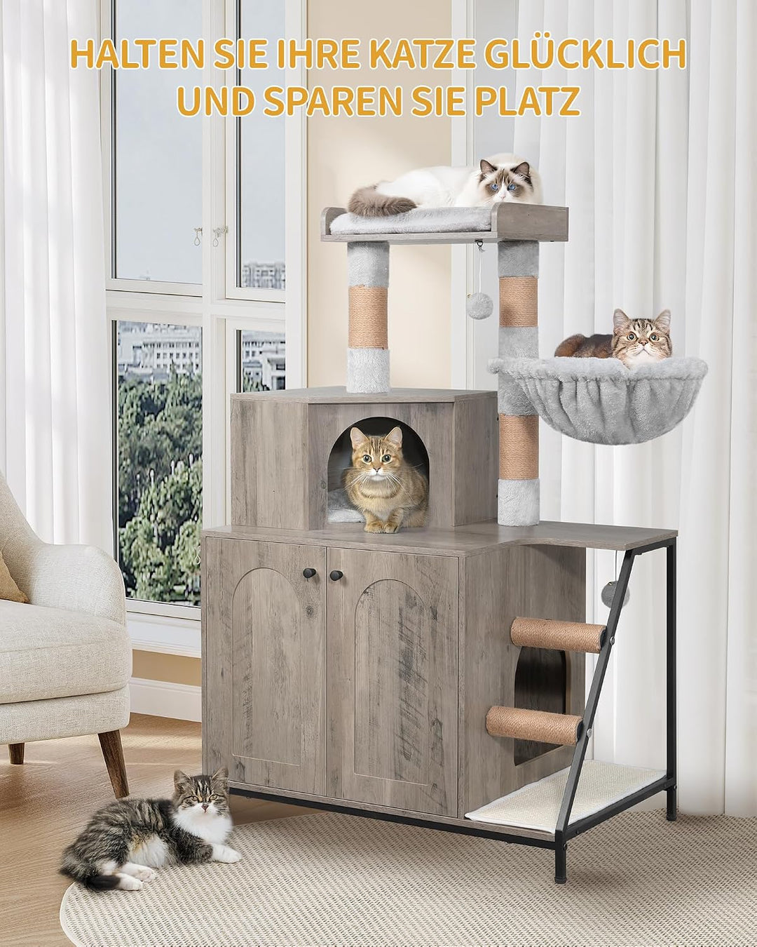 Hzuaneri Kratzbaum mit Katzenklo-Schrank, Katzenschrank, 4-in-1 Modernes Katzenhaus mit Grosser Plat