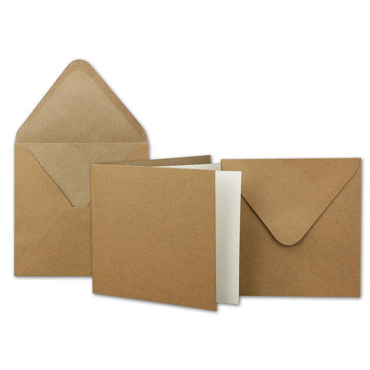 NEUSER PAPIER 100x Kraftpapier-Karten Set quadratisch 13,5 x 13,5 cm mit Brief-Umschlägen &amp; Einlege-