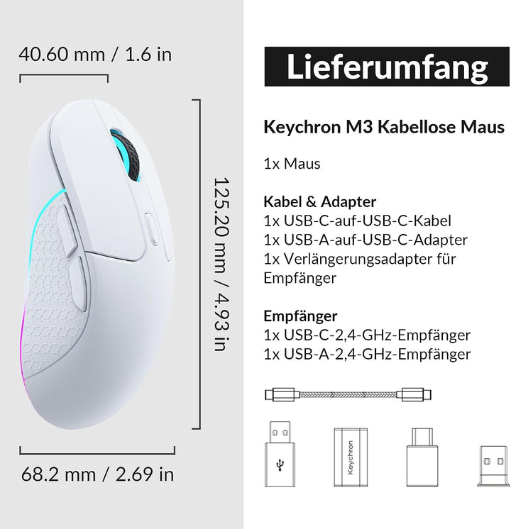 Keychron M3 programmierbare kabellose Maus, 2,4 GHz/Bluetooth 5.1/USB-C-Anschluss, 26000 DPI, PAW339
